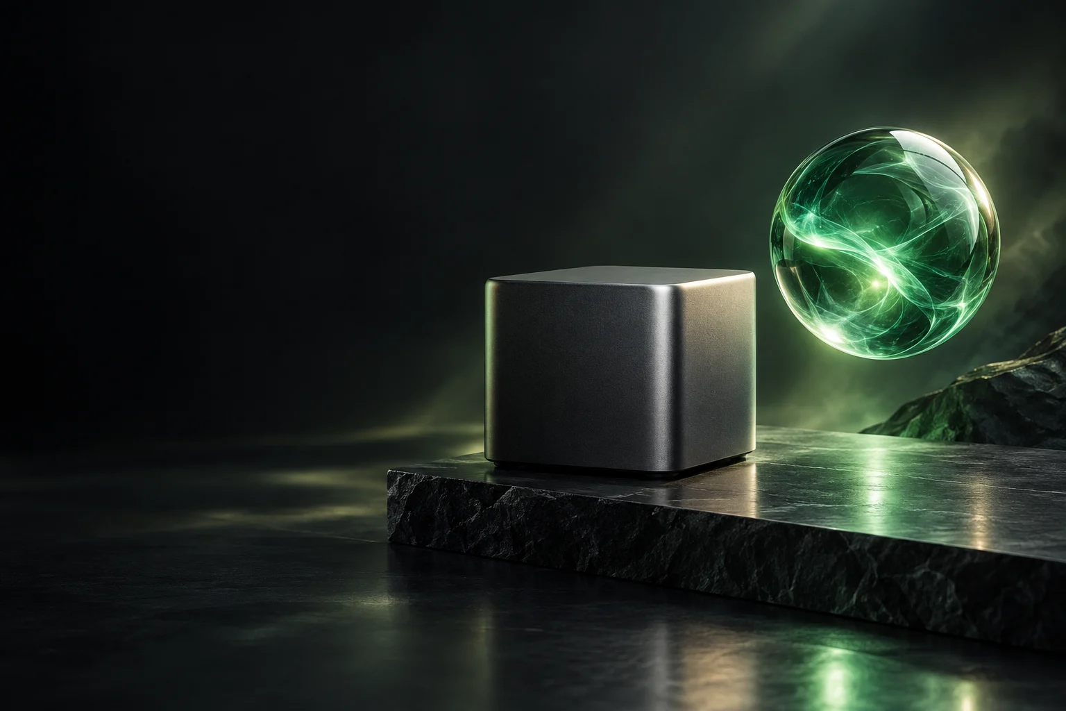 EvAgent 绿色光球与 EvBox 深灰盒子的产品家族概念视觉，非实物照片